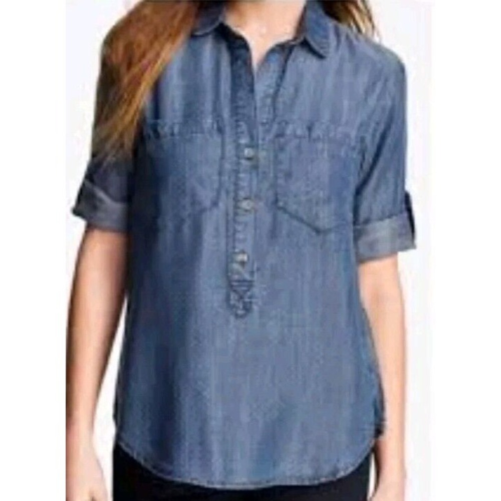 Anthropologie Cloth & Stone Chambray Relaxed Fit Denim Jean Dot Shirt Size XS
